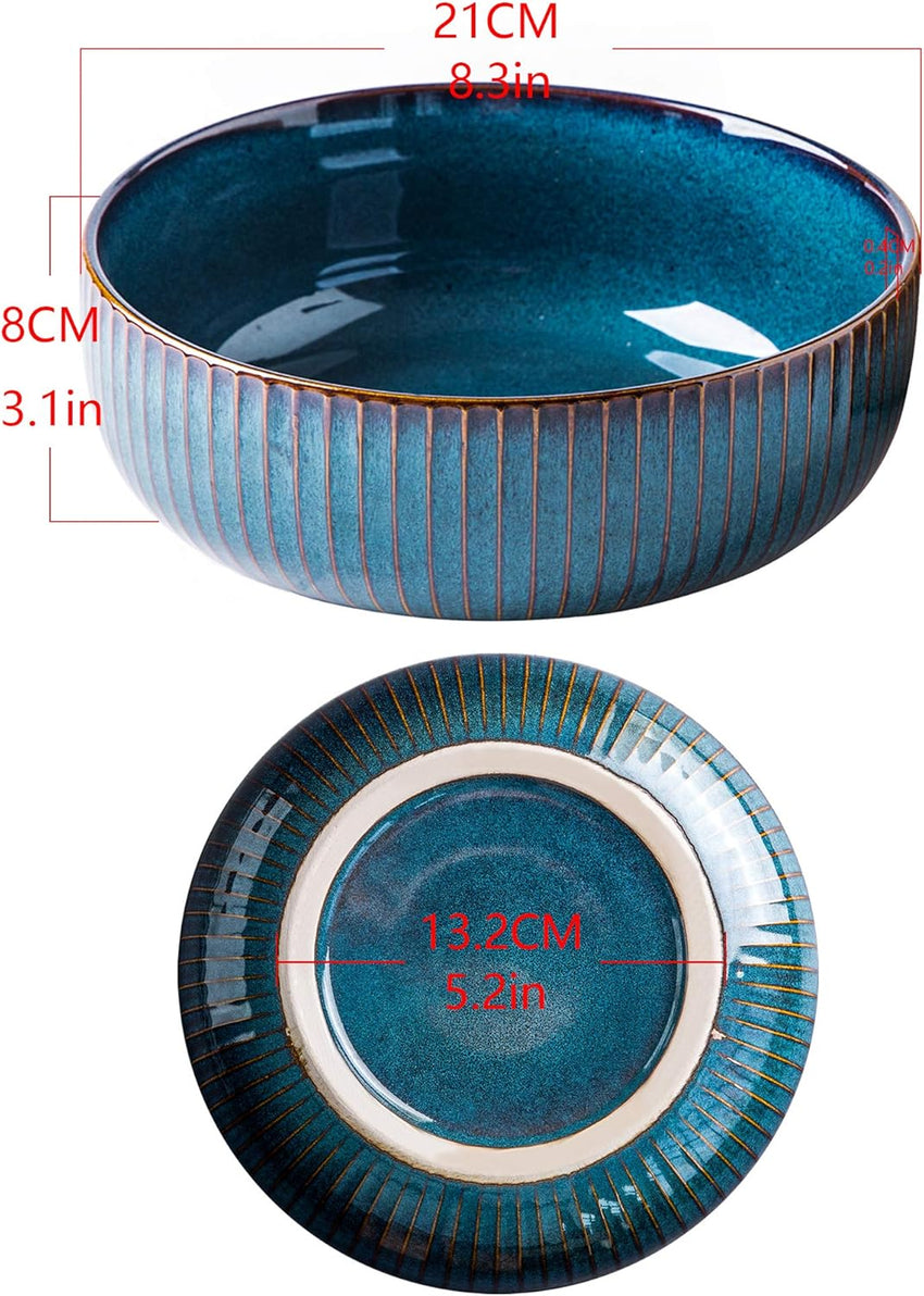 Large Salad Bowl, 1800ml Large Bowl Porcelain Fruit Serving Bowls, Stylish Blue Bowl Handmade Round Soup Bowl,Bowl for Soup,Salad,Cereal,Ramen(21cm/63oz)