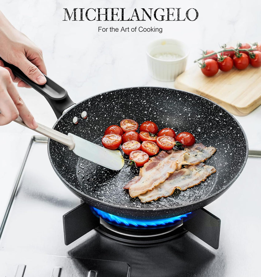 MICHELANGELO 20cm Small Frying Pan with Lid, Non Stick Frying Pan with Lid 20cm, Egg Frying Pan with Nonstick Stone Coating, Healthy & Non-Toxic Granite Frying Pan, Black