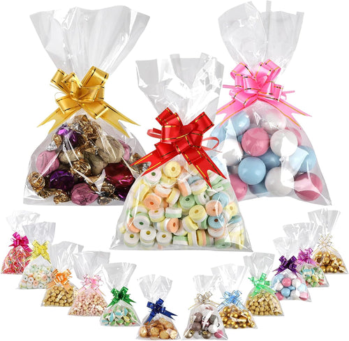 Cellophane Bags 100 Pack Clear Flat Pockets 15x25cm â Includes 150 Colourful Pull Bows