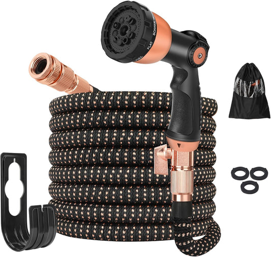 25ft Garden Hose - Expandable Garden Hose Pipe, Flexible Water Hose with 10 Function Spray Gun, No-Kink, Anti-Leakage and Easy to Use Expanding Hose with 3/4", 1/2" Solid Brass Fittings
