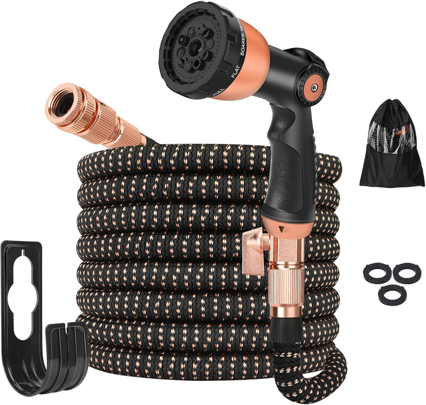 25ft Garden Hose - Expandable Garden Hose Pipe, Flexible Water Hose with 10 Function Spray Gun, No-Kink, Anti-Leakage and Easy to Use Expanding Hose with 3/4", 1/2" Solid Brass Fittings