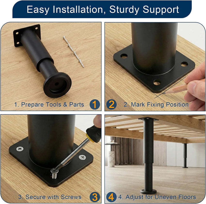 Adjustable Furniture Legs 10 16.5in/25 42cm Metal Bed Frame Support 4pcs Black