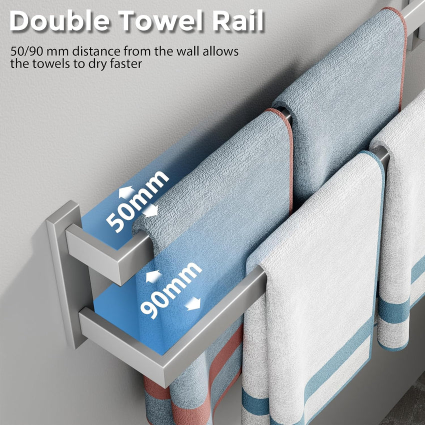 Wall-Mounted Double Towel Rail SUS304 Stainless Steel 2-Tier Brushed Ã¢ÂÂ 50 cm