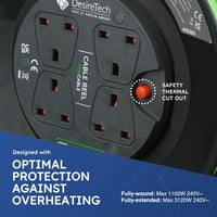 Desiretech - 4 Socket Extension Lead - 25m Portable Cable Reel - Thermal Cut Out, Ergonomic Handle, Green/Black - Heavy Duty Extension Cord for Indoor Use (25 Metre)
