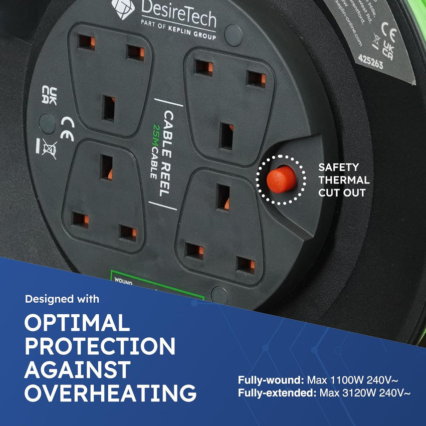 Desiretech - 4 Socket Extension Lead - 25m Portable Cable Reel - Thermal Cut Out, Ergonomic Handle, Green/Black - Heavy Duty Extension Cord for Indoor Use (25 Metre)