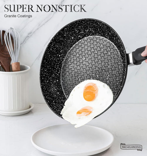 MICHELANGELO 20cm Small Frying Pan with Lid, Non Stick Frying Pan with Lid 20cm, Egg Frying Pan with Nonstick Stone Coating, Healthy & Non-Toxic Granite Frying Pan, Black