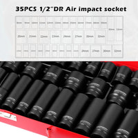 35pcs 1/2" Drive 6 Point 8-32mm Metric Deep Impact Socket Set Car Garage Tools