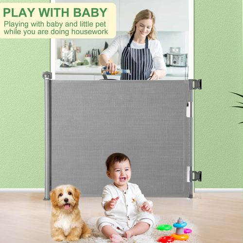 MYPIN Extra Wide Retractable Dog and Baby Gates - Indoor/Outdoor Stair Gates for Stairways, Hallways, Doorways (Grey, 140 X 86 CM)