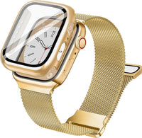 Vamyzji Compatible with Gold Apple Watch Strap 40mm + Protective Case with Screen Protector, Magnetic Milanese Mesh Metal iWatch Strap Women Men for 40mm Apple Watch SE SE 2 SE 3, Series 6 5 4,Gold