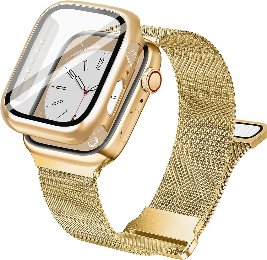 Vamyzji Compatible with Gold Apple Watch Strap 40mm + Protective Case with Screen Protector, Magnetic Milanese Mesh Metal iWatch Strap Women Men for 40mm Apple Watch SE SE 2 SE 3, Series 6 5 4,Gold