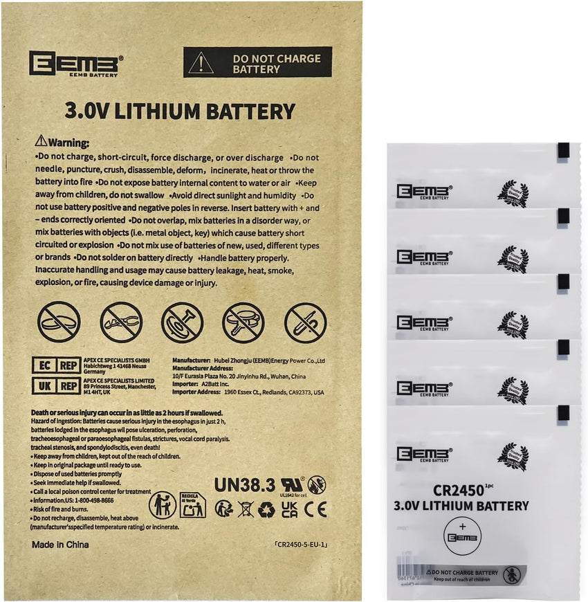 EEMB 5 PACK CR2450 Battery 3V Lithium Battery 2450 Button Coin Cell Batteries DL2450, ECR2450, BR2450 for Watch Tea Lights Votive Candles Alarm System Car Key Fob Remote Control Calculators Toys Games