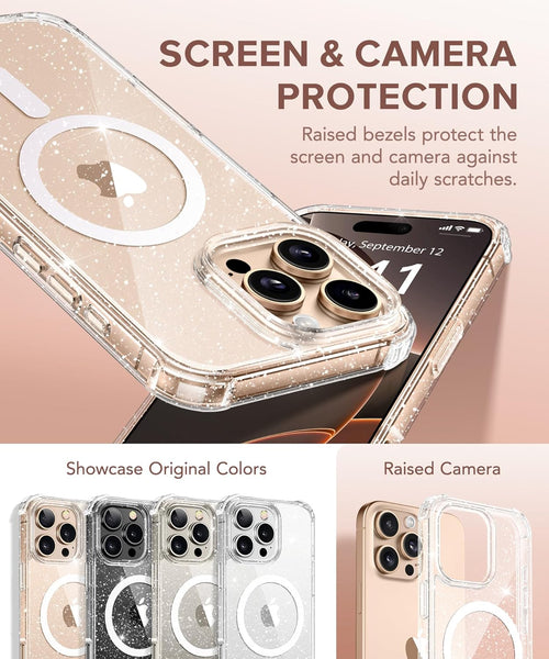 BERFY Magnetic Case for iPhone 16 Pro Max, [Compatible with Magsafe], with 2X Screen Protector + 2X Camera Lens Protector, Clear Sparkle Cute Shockproof Hard Phone Case for Women 6.9", Shiny Clear