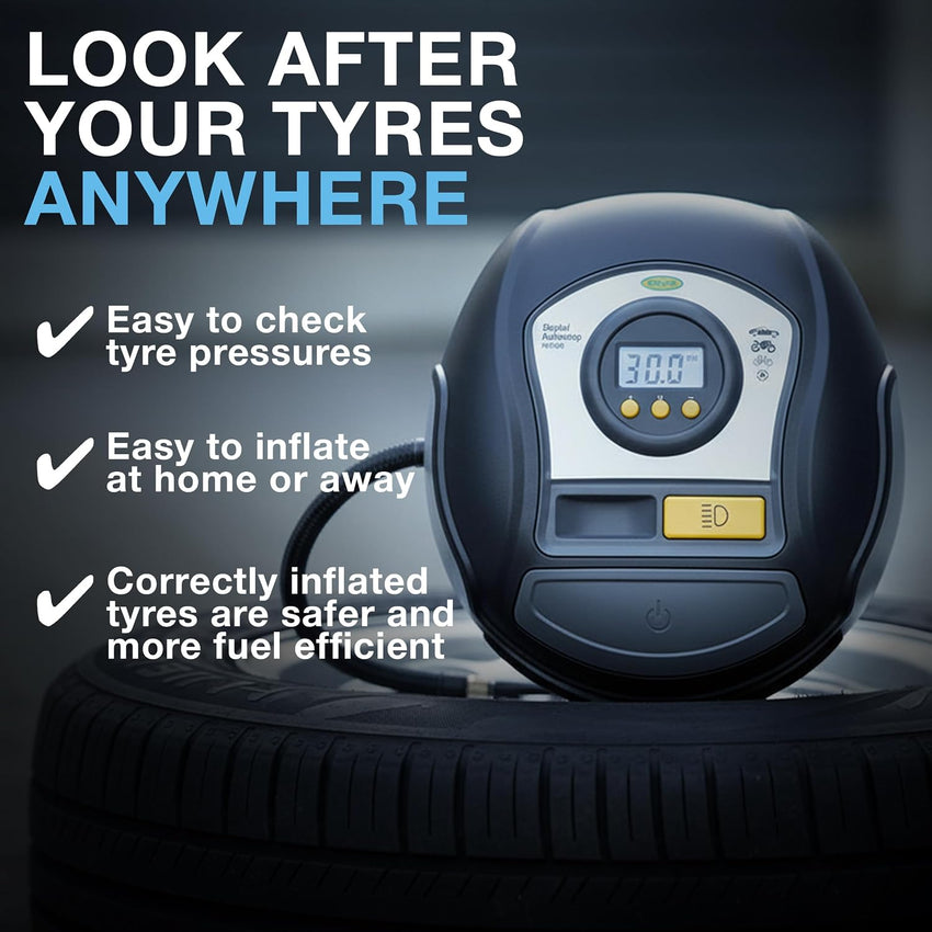 Ring Automotive RTC450 Digital Tyre Inflator with Auto Shut-off, Memory, LED Light, Backlit Display and Adapter Kit, New Model 2022 Ring, Black/Grey/Yellow