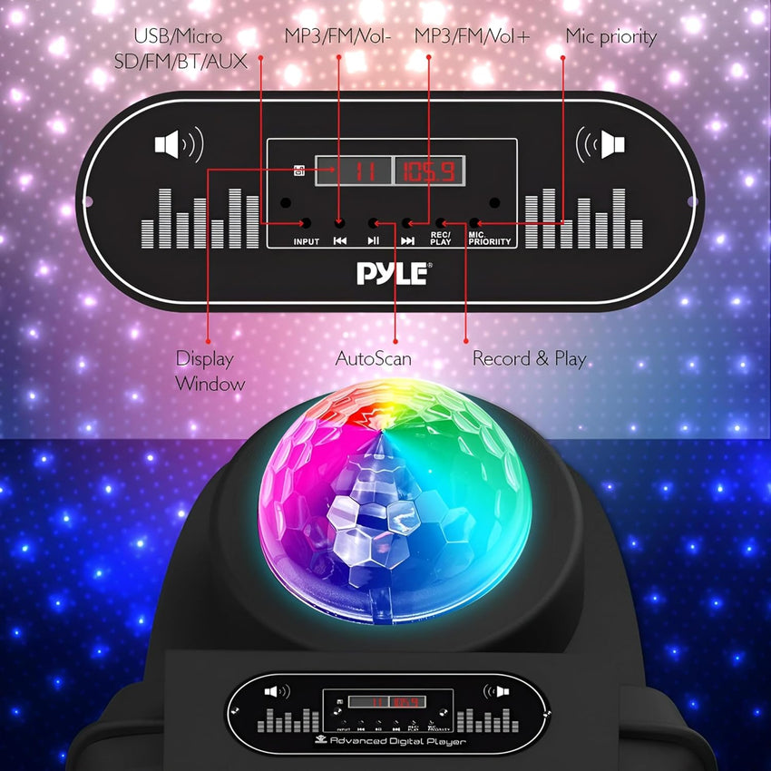 Pyle Portable PA System 30cm, 700W Bluetooth Party Speaker, Rechargeable DJ Sound System with Disco LED Lights, Wireless Microphone, USB/SD/Radio, Recording Mode, Battery Powered Speaker