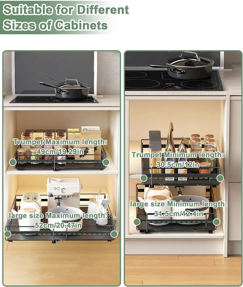 UMDONX 2 Pack Pull out Cabinet Organiser Drawers Kitchen Cupboard Storage, No Punch Extendable Sliding Rack Shelf Adhesive Peel and Stick (Metal, Black)