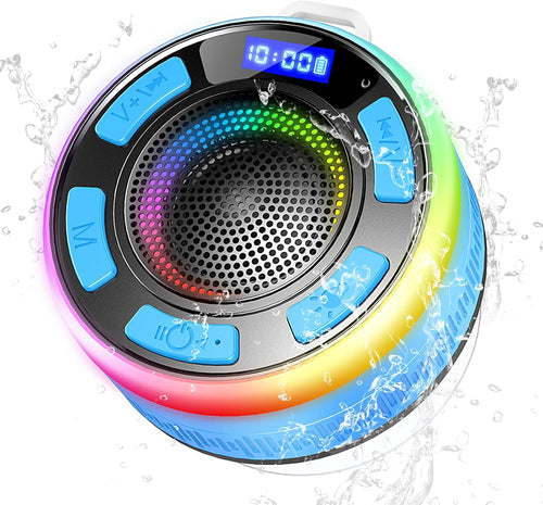 PRSCFUM Bluetooth Shower Speaker, Portable Wireless IP7 Waterproof Speaker 360^0 Surround Sound, Bulit-in Mic, LED Light, Bathroom with Suction Cup for Bathroom, Party, Outdoor, Trave, Blue