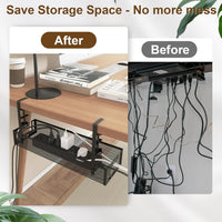 Under Desk Cable Management Tray, 15.4'' No Drill Cable Management Mesh Wire Organizer Side Opening Design for Home, Office, Internet Cafe, Kitchen, Black