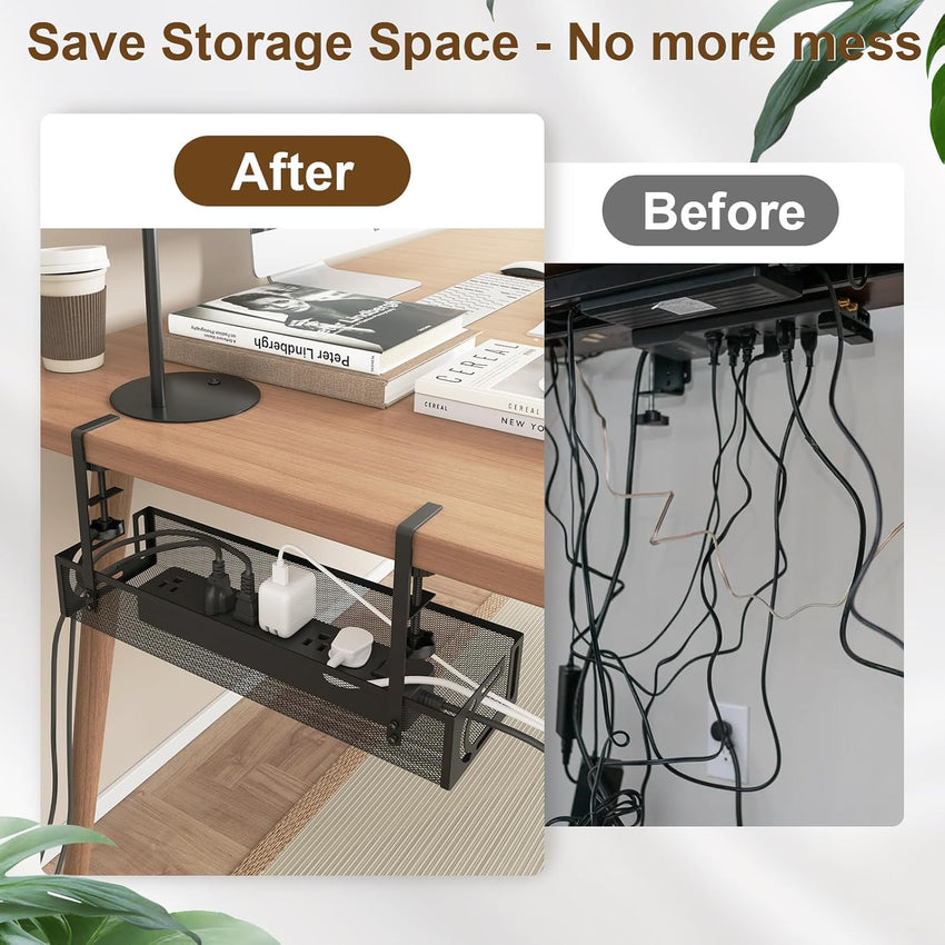 Under Desk Cable Management Tray, 15.4'' No Drill Cable Management Mesh Wire Organizer Side Opening Design for Home, Office, Internet Cafe, Kitchen, Black