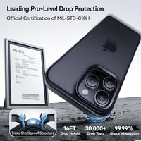 CASEKOO Air-Touch Slim Silky-Smooth Case for iPhone 16 Pro [16FT Military-Grade All-Round Protection] Shockproof Semi-Transparent Matte Cover with 1x Portable Foldable Stand – Black
