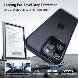 CASEKOO Air-Touch Slim Silky-Smooth Case for iPhone 16 Pro [16FT Military-Grade All-Round Protection] Shockproof Semi-Transparent Matte Cover with 1x Portable Foldable Stand – Black