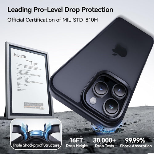 CASEKOO Air-Touch Slim Silky-Smooth Case for iPhone 16 Pro [16FT Military-Grade All-Round Protection] Shockproof Semi-Transparent Matte Cover with 1x Portable Foldable Stand – Black