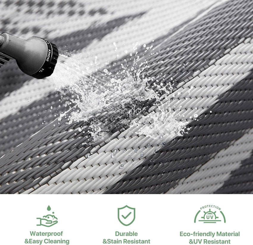 GENIMO Outdoor Rug 240 x 300 cm â Extra Large Waterproof Reversible Garden Rug, UV Resistant & Washable Plastic Carpet for Patio, RV, Picnic, Backyard, Balcony â Grey & White