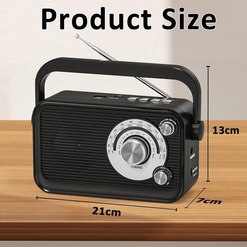 Tendak Portable Radio, Transistor Radio FM AM SW with Excellent Reception, Bluetooth, Headphone Jack, 5W Large Speaker, Large Dial Easy to Use for Seniors Elderly