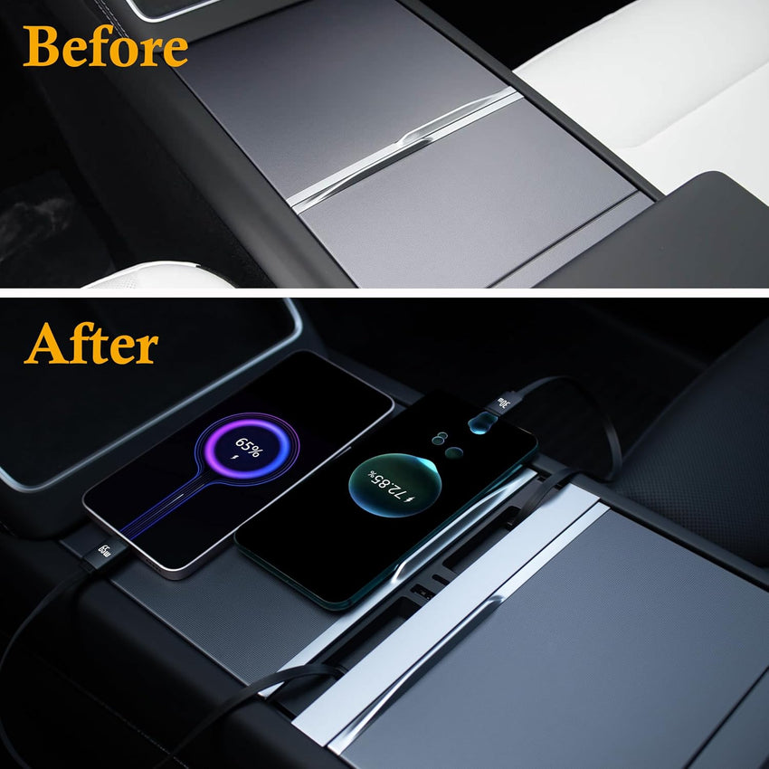 Car USB Hub Charger with 2 Type-C Cables for Tesla Model Y & 3 â 140W
