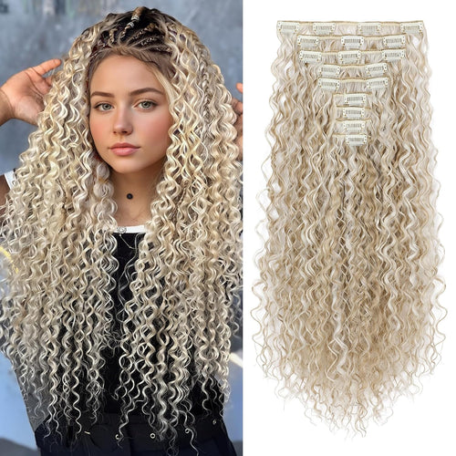 FLUFYMOOZ 9PCS Clip-in Hair Extensions Curly Synthetic Hair â Blonde/White Highlights