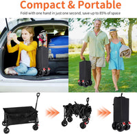 BELEEV Folding Festival Trolley Wagon, Collapsible Camping Trolley Cart with 6" All-Terrain Big Wheels, Side Pocket & Drink Holders, 130L Pull Along Trolley for Beach Grocery Garden Shopping(Black)
