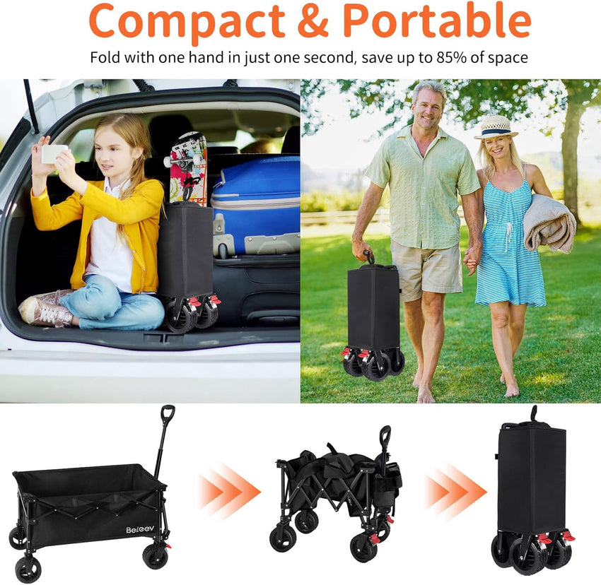 BELEEV Folding Festival Trolley Wagon, Collapsible Camping Trolley Cart with 6" All-Terrain Big Wheels, Side Pocket & Drink Holders, 130L Pull Along Trolley for Beach Grocery Garden Shopping(Black)