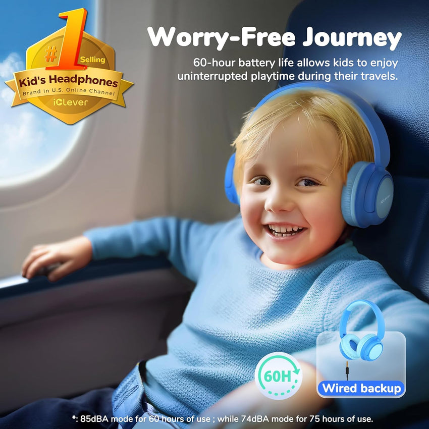 iClever BTH22 Kids Headphones Wireless, 60H Play Time, 74/85 dBA Safe Volume, Bluetooth 5.4, Over Ear Kids Bluetooth Toddler Headphones with Mic AUX Cord for iPad/Tablet/Trave/School