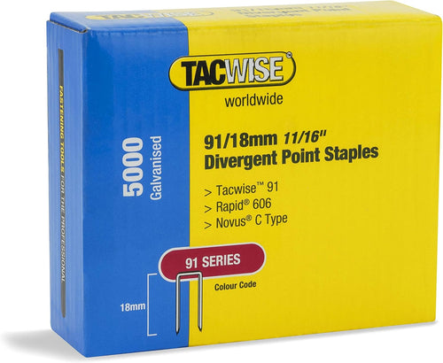 Tacwise Narrow Crown Staples Type 91 18mm Galvanised â Pack 5,000