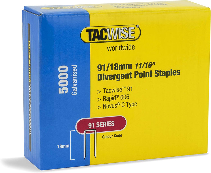Tacwise Narrow Crown Staples Type 91 18mm Galvanised â Pack 5,000