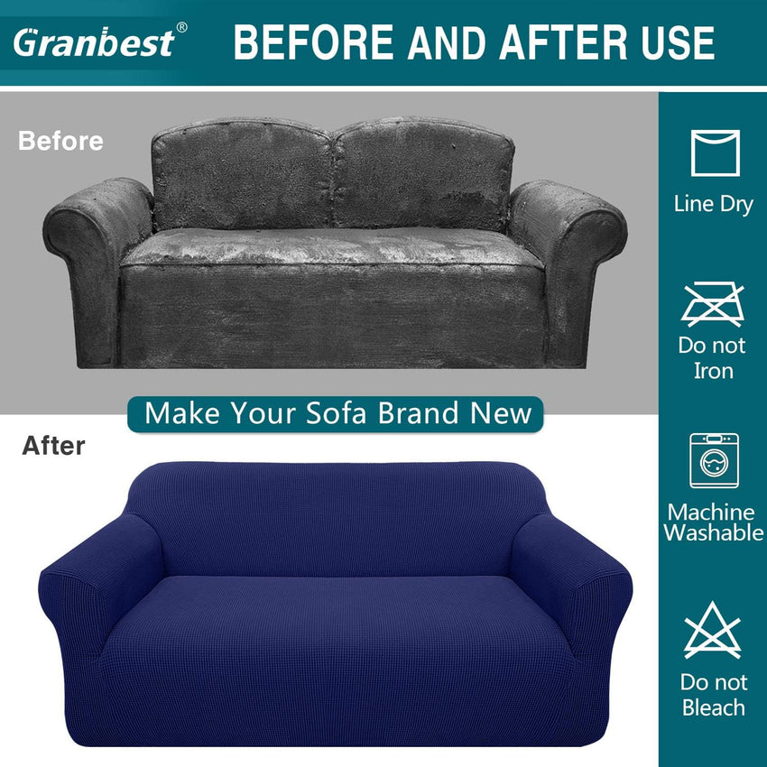 Granbest High Stretch Sofa Covers 2 Seater Super Soft Loveseat Cover Universal Couch Covers Jacquard Sofa Cover for Dogs Non Slip Furniture Protector Machine Washable (2 Seater, Navy Blue)