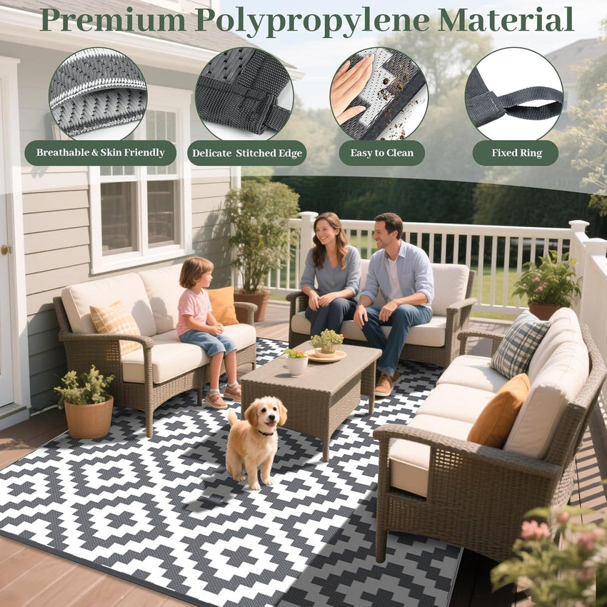Reversible Geometric Outdoor Rug Waterproof Anti-slip UV Resistant Easy Clean â 270x360cm Grey/White