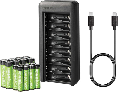 Amazon Basics Rechargeable NiMh AAA 800mAh 8 Pack + AA 2000mAh 8 Pack, with 8 Bay Battery Charger, No AC Power Adapter, USB C Port, 16 count in total, Black