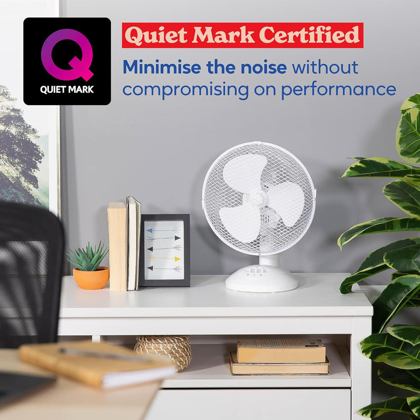 Russell Hobbs 9" Inch, Portable Desk Fan, 2 Speeds, Wide-Angled Oscillation, Quiet Operation, Perfect for Bedroom or Office, White - RHPDF0921