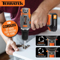 Terratek Cordless Drill Driver 18V Lithium-Ion, 13Pc Electric Screwdriver Set, LED Work Light, Electric Drill Quick Change Power Drill Battery and Charger Included
