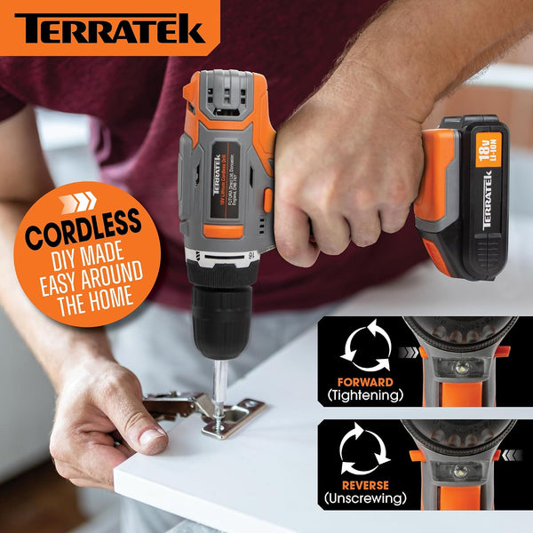 Terratek Cordless Drill Driver 18V Lithium-Ion, 13Pc Electric Screwdriver Set, LED Work Light, Electric Drill Quick Change Power Drill Battery and Charger Included