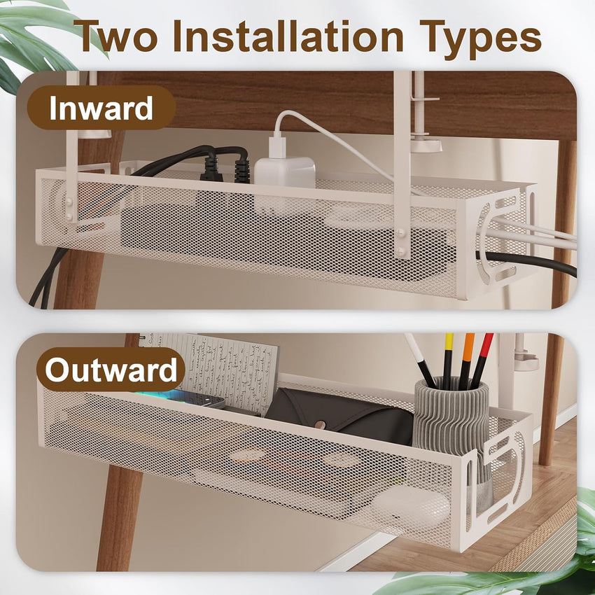 Under Desk Cable Management Tray, 15.4'' No Drill Cable Management Mesh Wire Organizer Side Opening Design for Home, Office, Internet Cafe, Kitchen, White