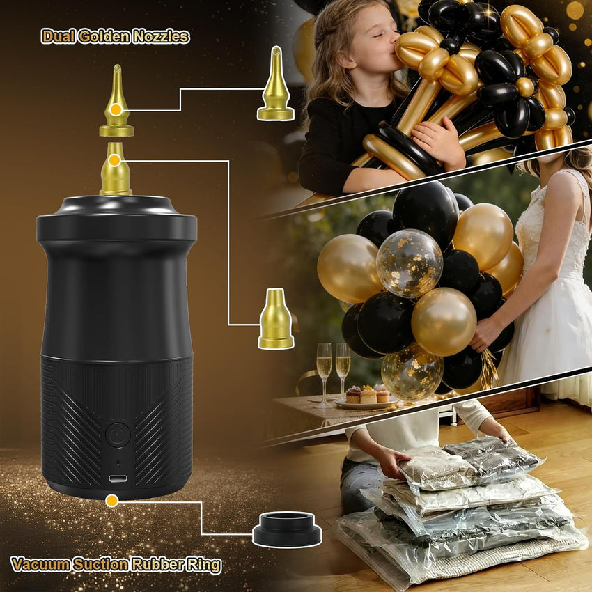 Electric Balloon Pump Rechargeable Type-C 2000mAh 3 Nozzles Inflate & Vacuum Portable