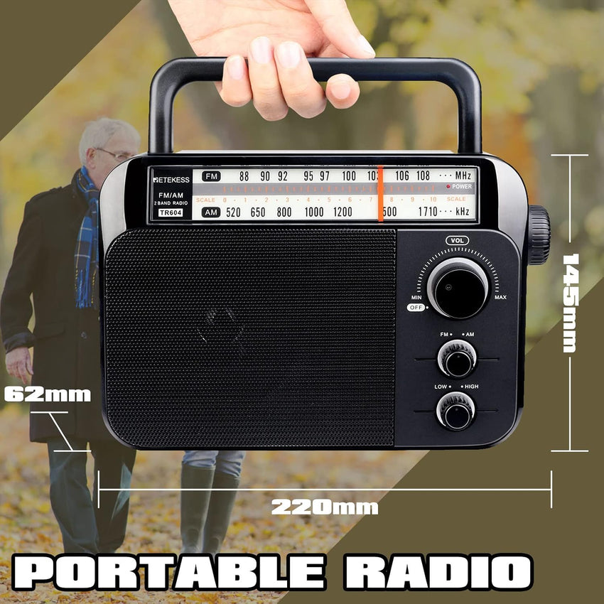 Retekess TR604 Portable Radio READ DESC FM AM Radio,Large Display and Knob,Large Speaker,3.5mm Headphone Jack,Clear Sound,Radios Mains and Battery,Easy to Use for Elderly (Black)