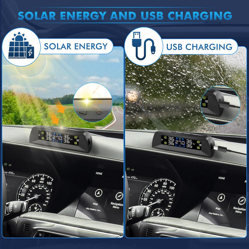 KAOLALI TPMS Tire Pressure Monitoring System with Solar & USB Charger â 4 Sensors