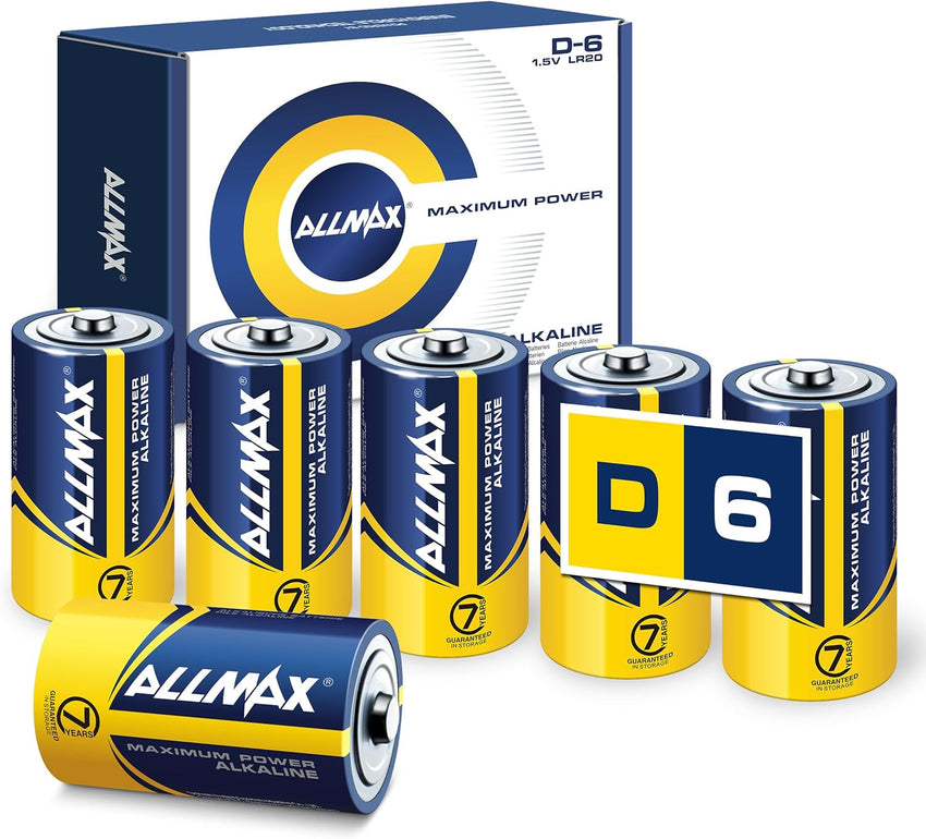 Allmax D (LR20) Maximum Power Alkaline Batteries (6 Count) - Ultra Long-Lasting, Leakproof Design, 7-Year Shelf Life, Maximum Performance (1.5V)