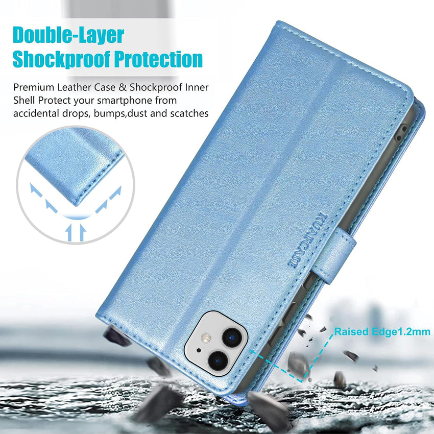 Kuafcase Compatible for iPhone 11 Case with 4 Card Slots Magnetic Closure Kickstand Shockproof Protective Phone Case Compatible for iPhone 11 - Sky Blue