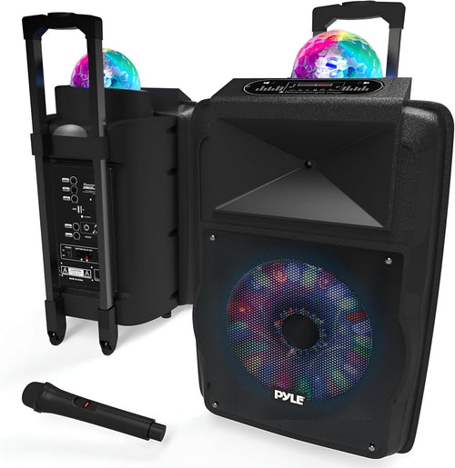 Pyle Portable PA System 30cm, 700W Bluetooth Party Speaker, Rechargeable DJ Sound System with Disco LED Lights, Wireless Microphone, USB/SD/Radio, Recording Mode, Battery Powered Speaker