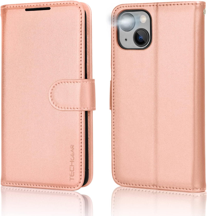 TECHGEAR iPhone 14 Leather Wallet Case, Flip Protective Case Cover with Wallet Card Holder, Stand & Wrist Strap - Rose Gold PU Leather with Magnetic Closure for iPhone 14 6.1"