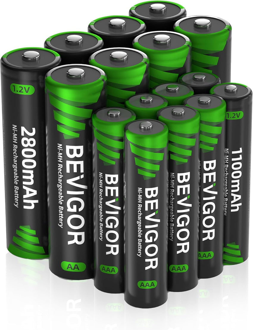 BEVIGOR 12 Pack AA AAA Rechargeable Batteries Set 8 x 2800mAh AA & 4 X 1100mAh AAA Batteries High Capacity, 1.2V Low Self-Discharge, PreCharged