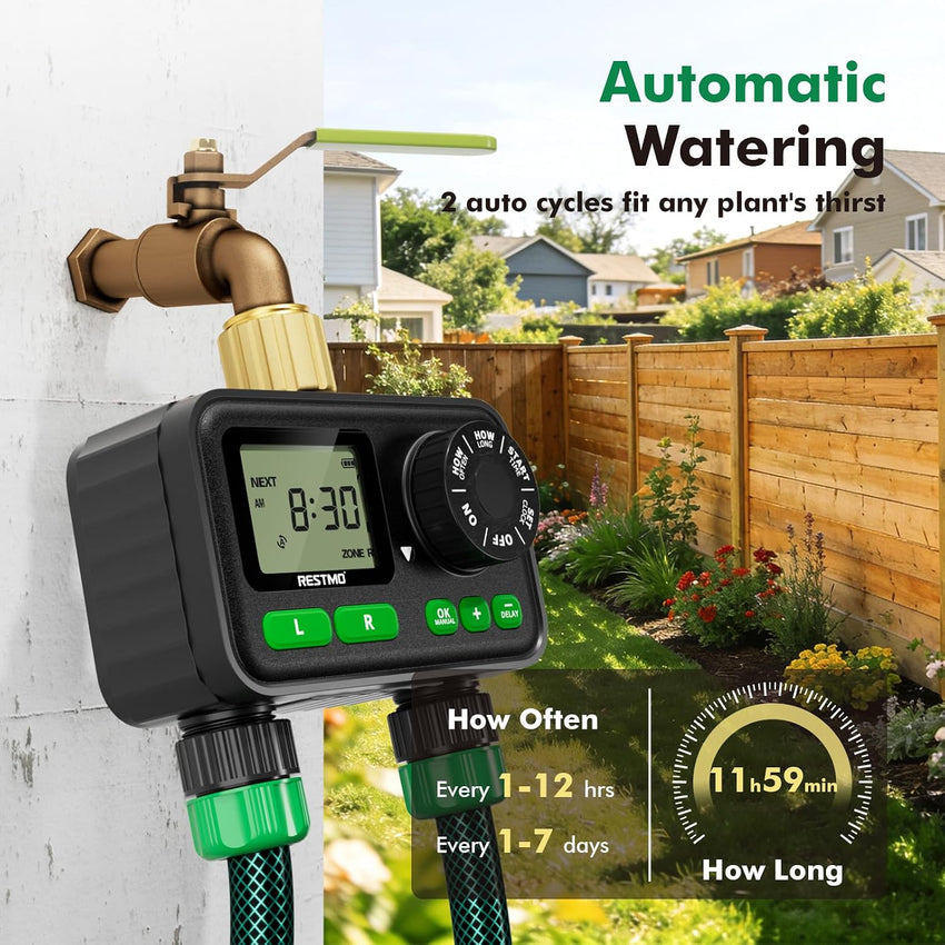 Sprinkler Timer 2-Zone Programmable Up to 11h59m Brass Inlet Rain Delay Manual/Auto Outdoor Hose